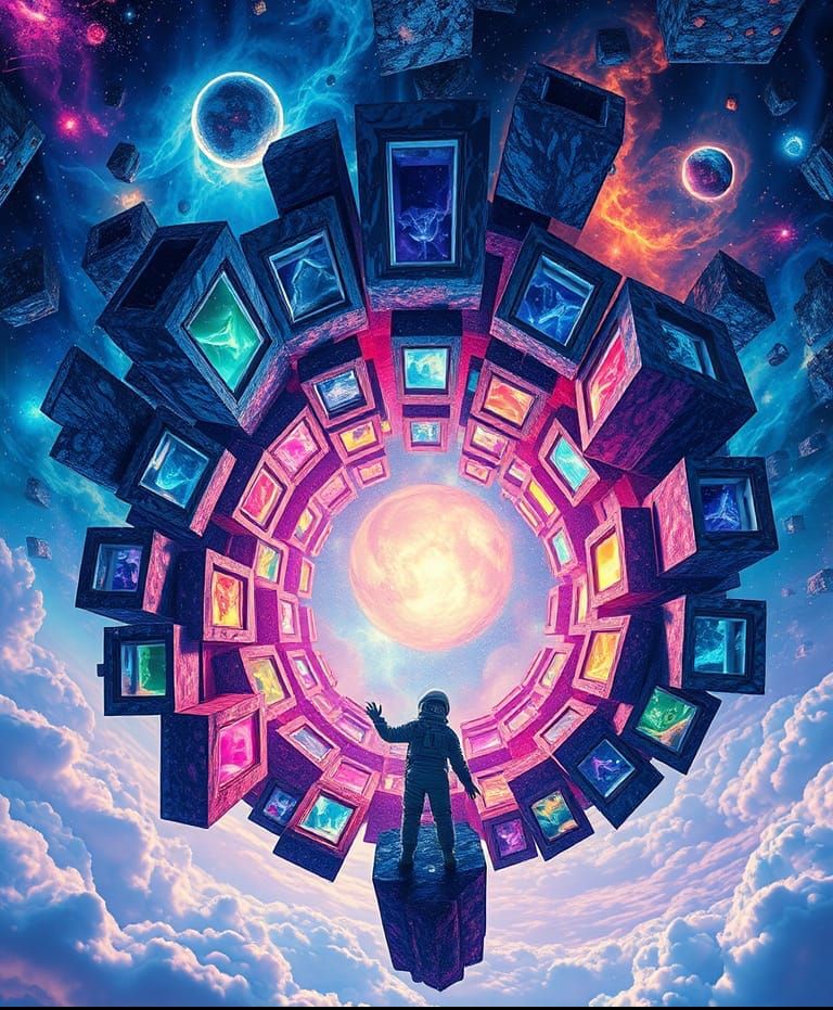 Astronaut and Leaking Portals in Surreal Cosmic Scene