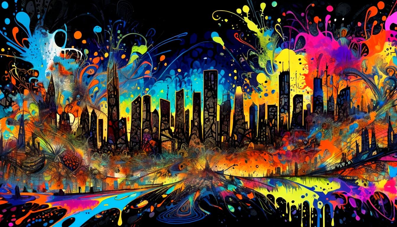 Psychedelic Ink Splashed Cityscape in Zentangle Style