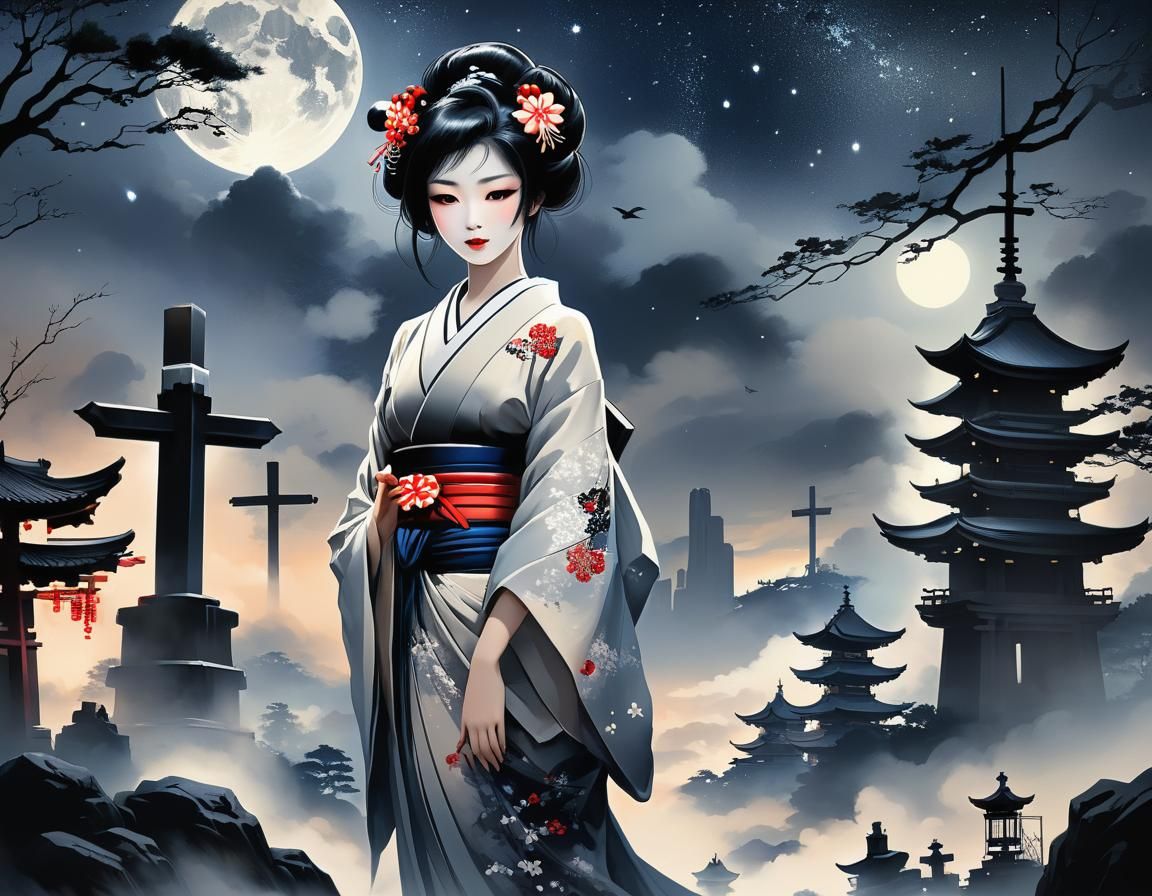 Geisha in Misty Graveyard with Vaporwave Sky