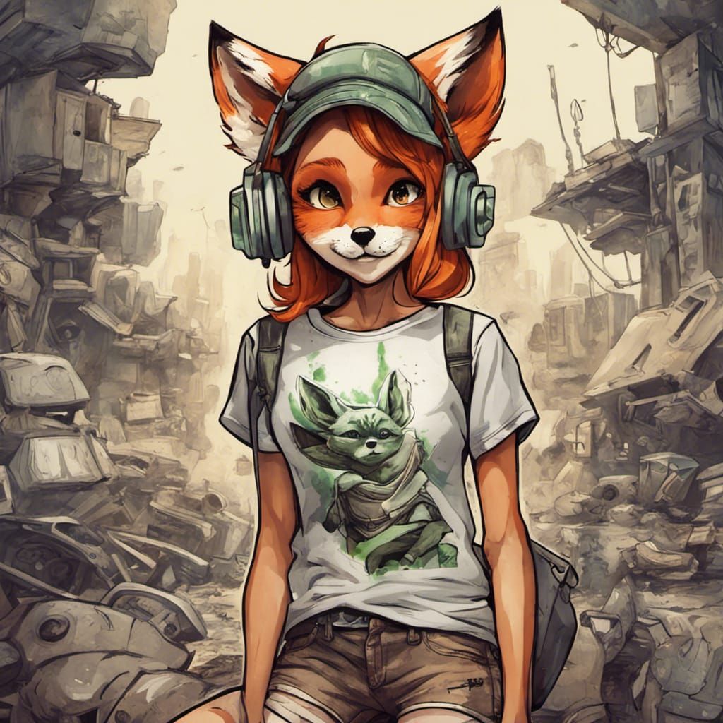 Adorable Fox-girl VIXEN, wearing a t-shirt with a picture of...