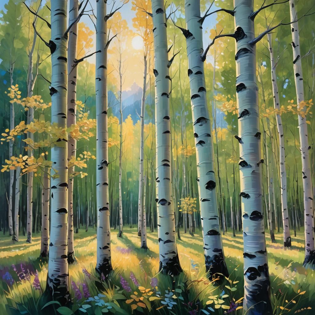 Aspen Forest by Meadow in Oil Painting Style