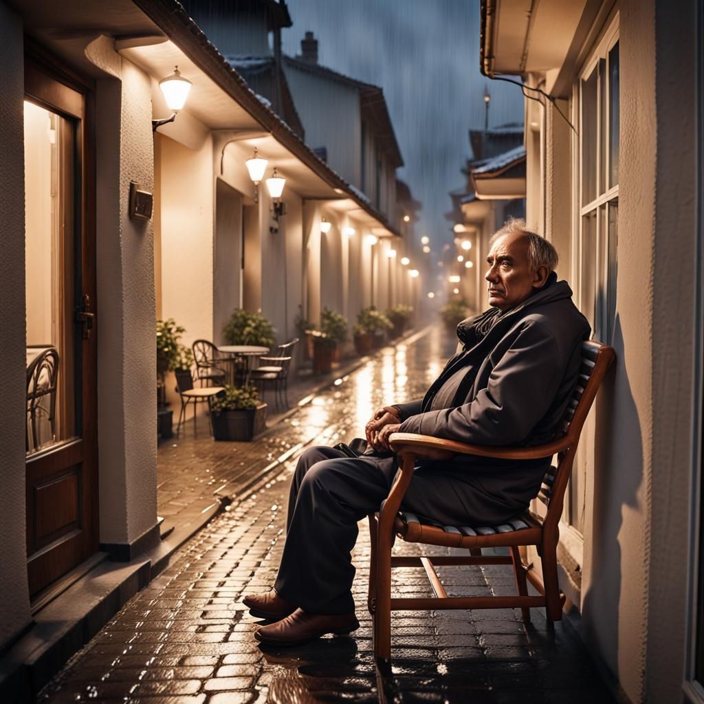 Rainy Evening Balcony Scene as Expressionist Oil Painting