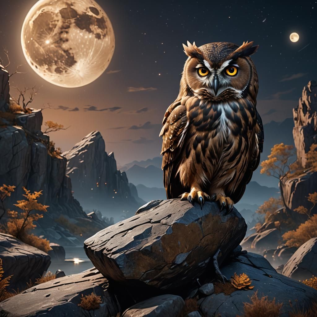 Brown Owl on Rock with Glowing Moon