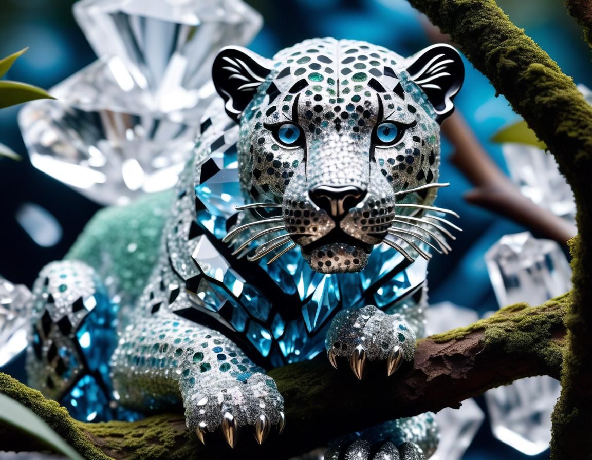 Crystal Jaguar on Crystalline Branch: A Glimmering Scene