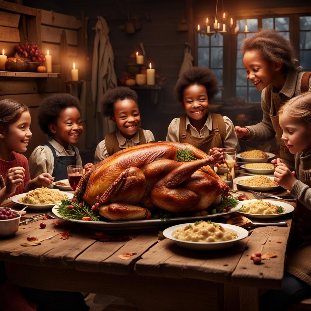 Children's Thanksgiving Feast in Photorealistic Style