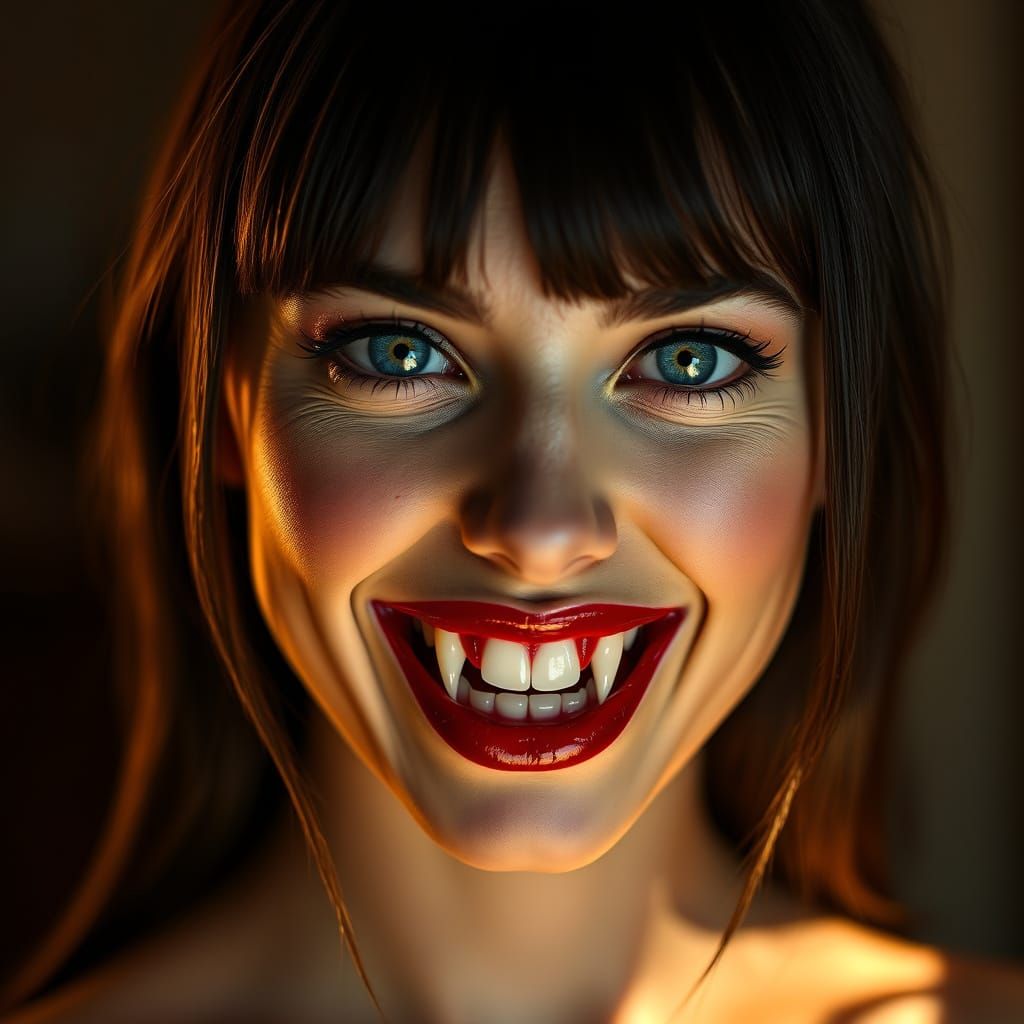 Vampire Woman with Blue Eyes: Hyperrealistic Portrait