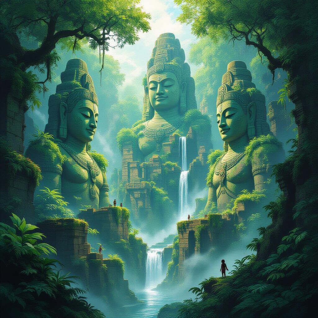 Overgrown Jungle City With Giant Statues and Bioluminescent ...