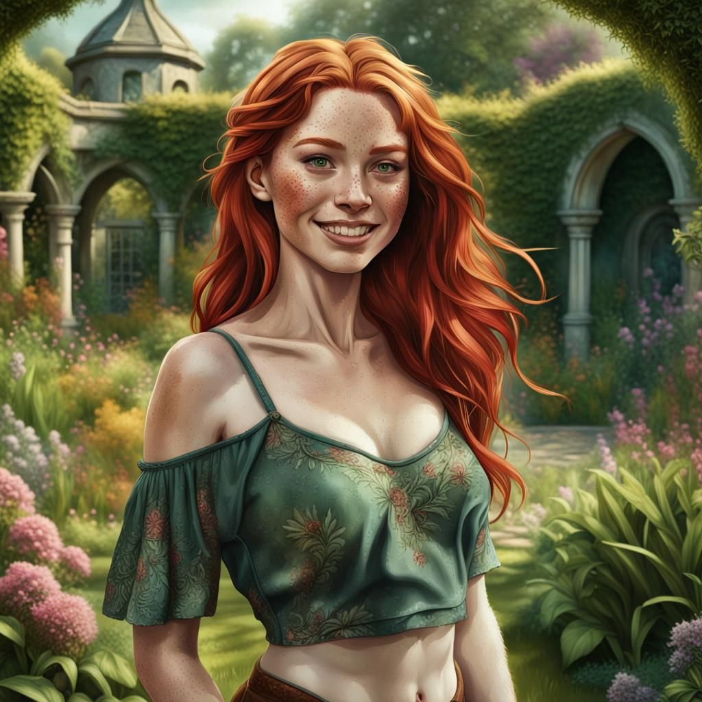 Beautiful Redhead in Garden: Fantasy Concept Art