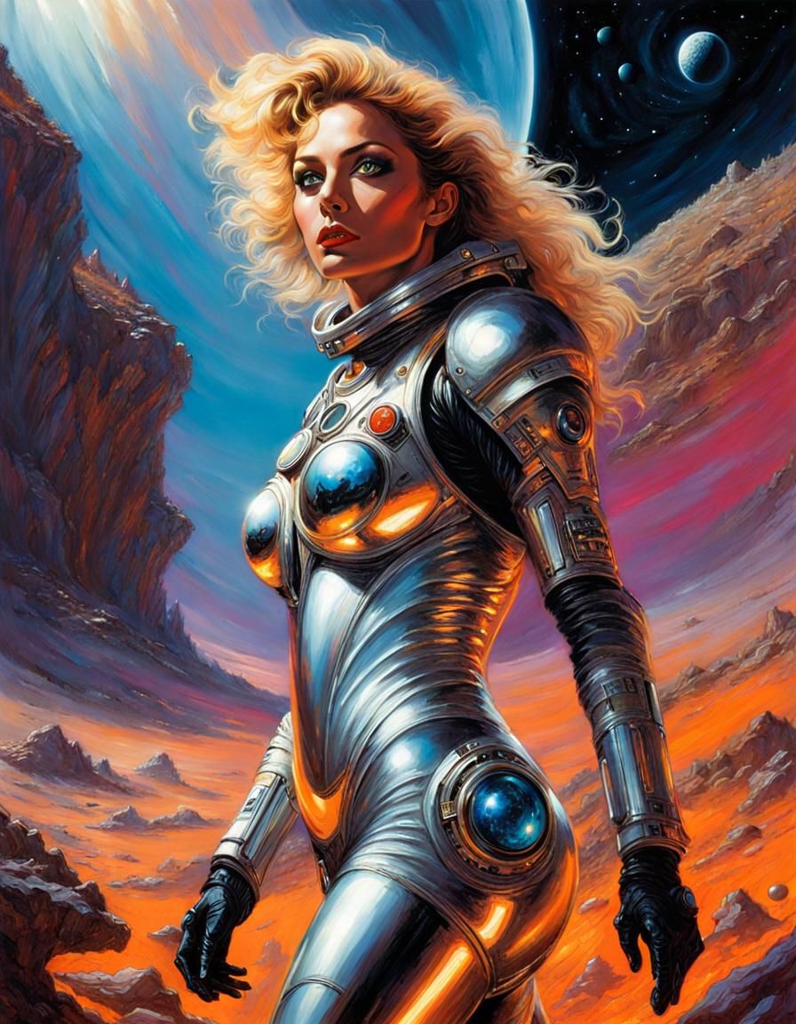 Astronaut Exploring Alien Planet in Retrofuturistic Style