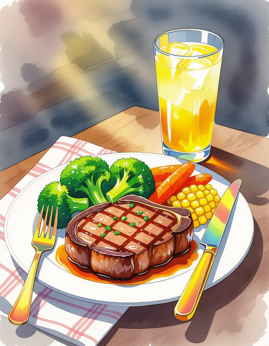 Hearty Strip Steak Dinner with Lemonade, Watercolor Splash A...