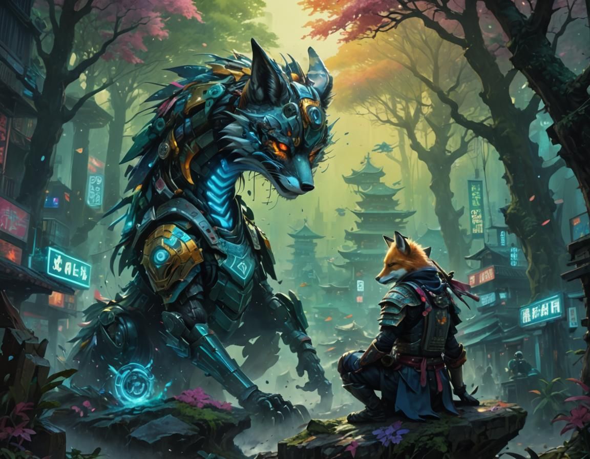 Biopunk Fox Samurai in Graffiti Art Style