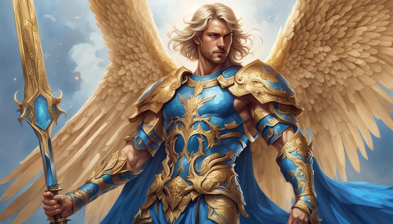 Armored Angel with Sword, Hyperrealistic Illustration