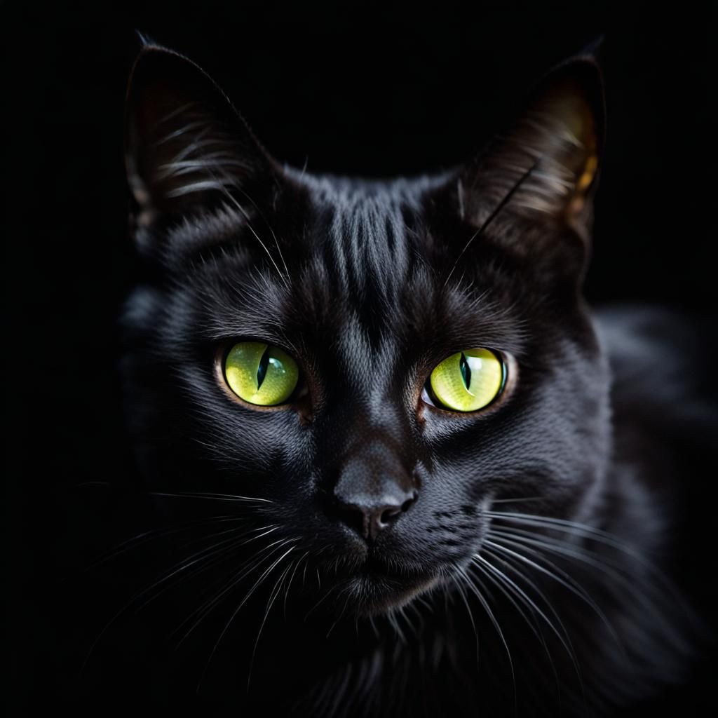 Black Cat with Chartreuse Eyes, Close-up Portrait