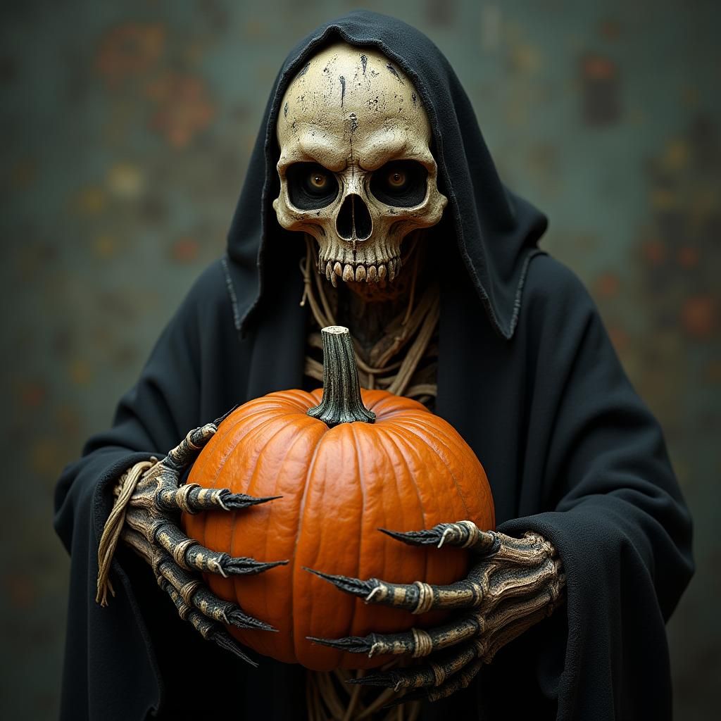 Lovecraftian Scarecrow with Evil Pumpkin in Apocalyptic Horr...