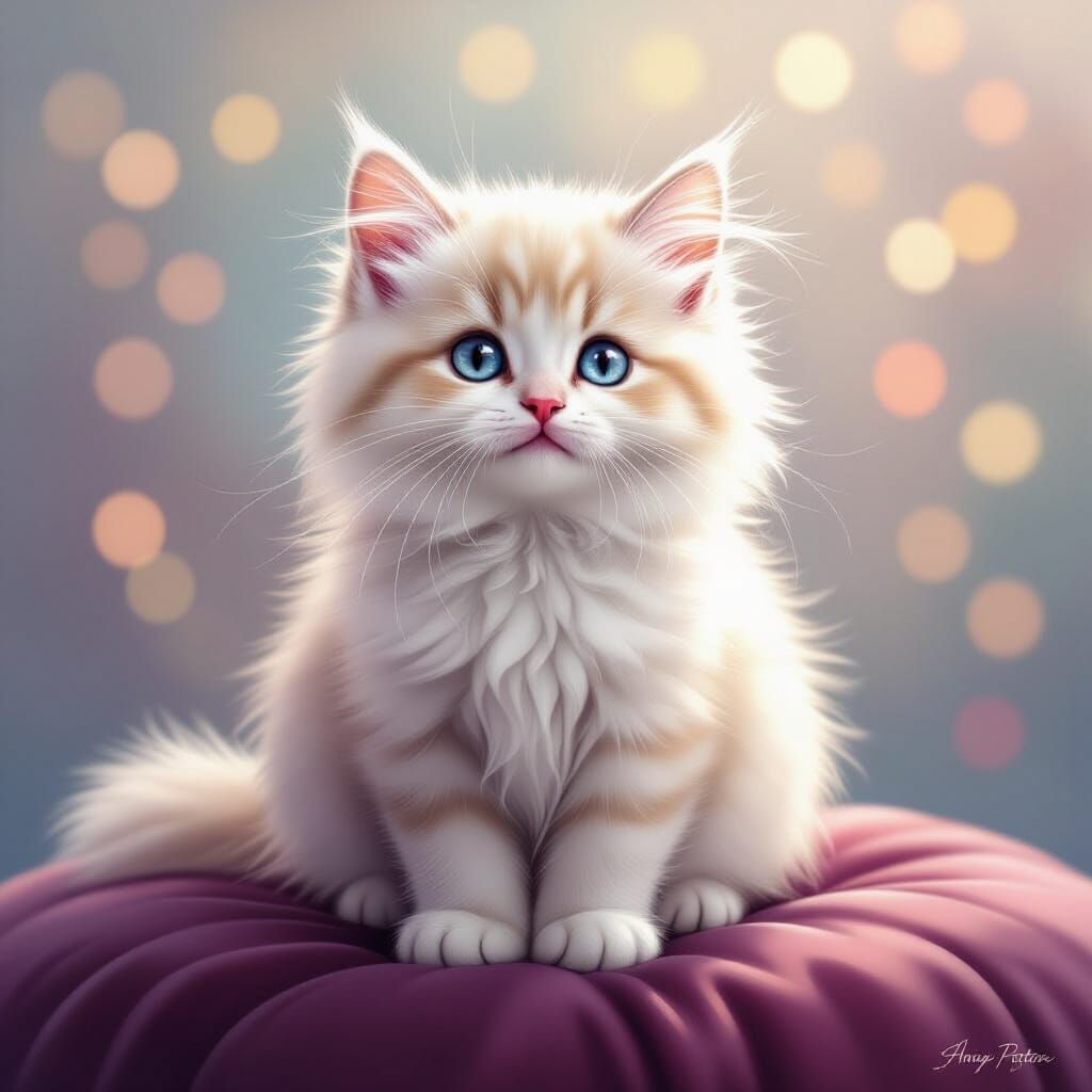 Fluffy White Cat with Blue Eyes on Velvet Cushion