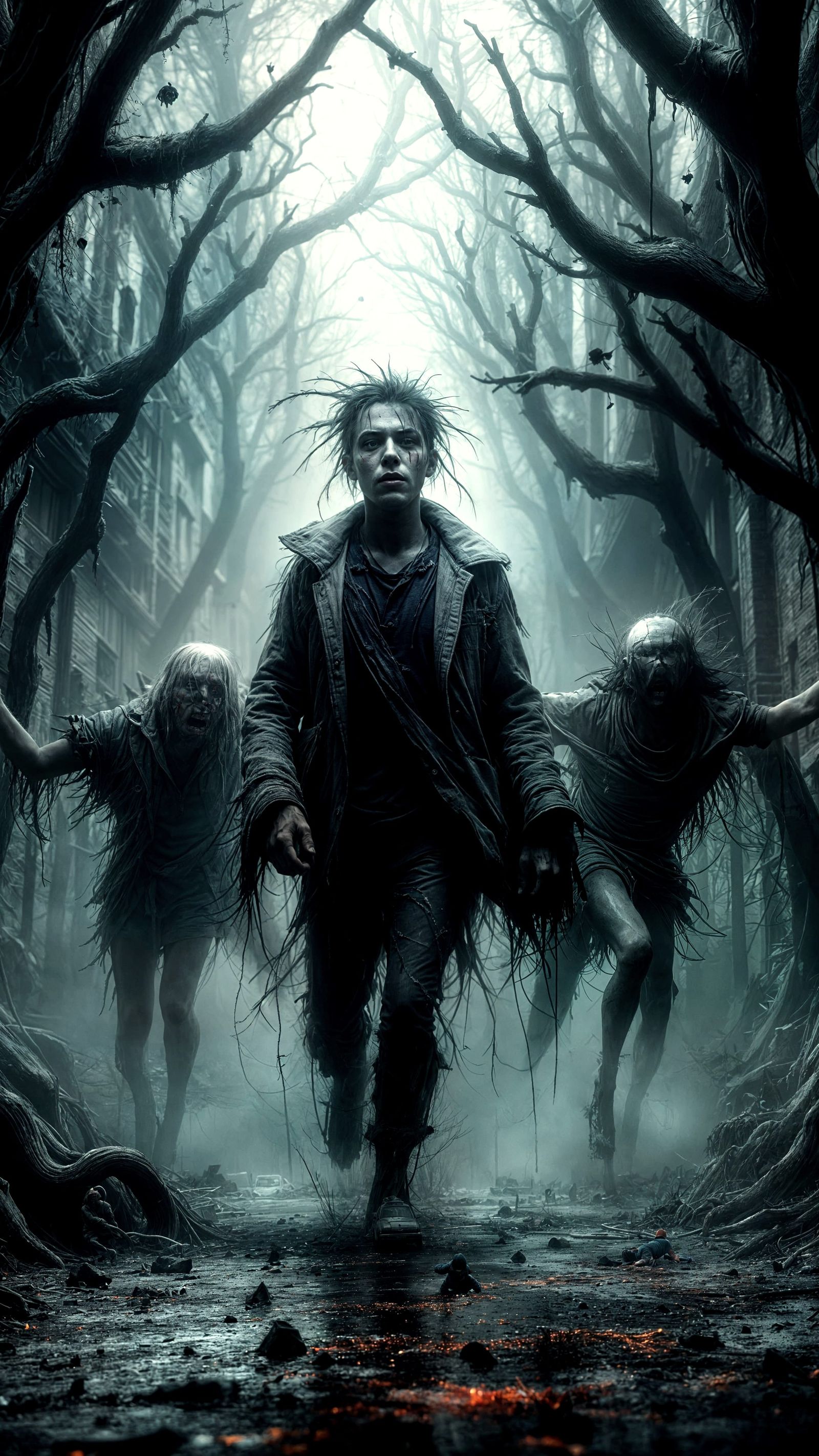 Terrified Man Running from Demons in Ruined City