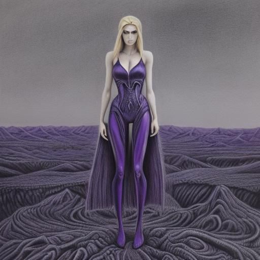 Purple Woman on Alien Planet in Charcoal Style