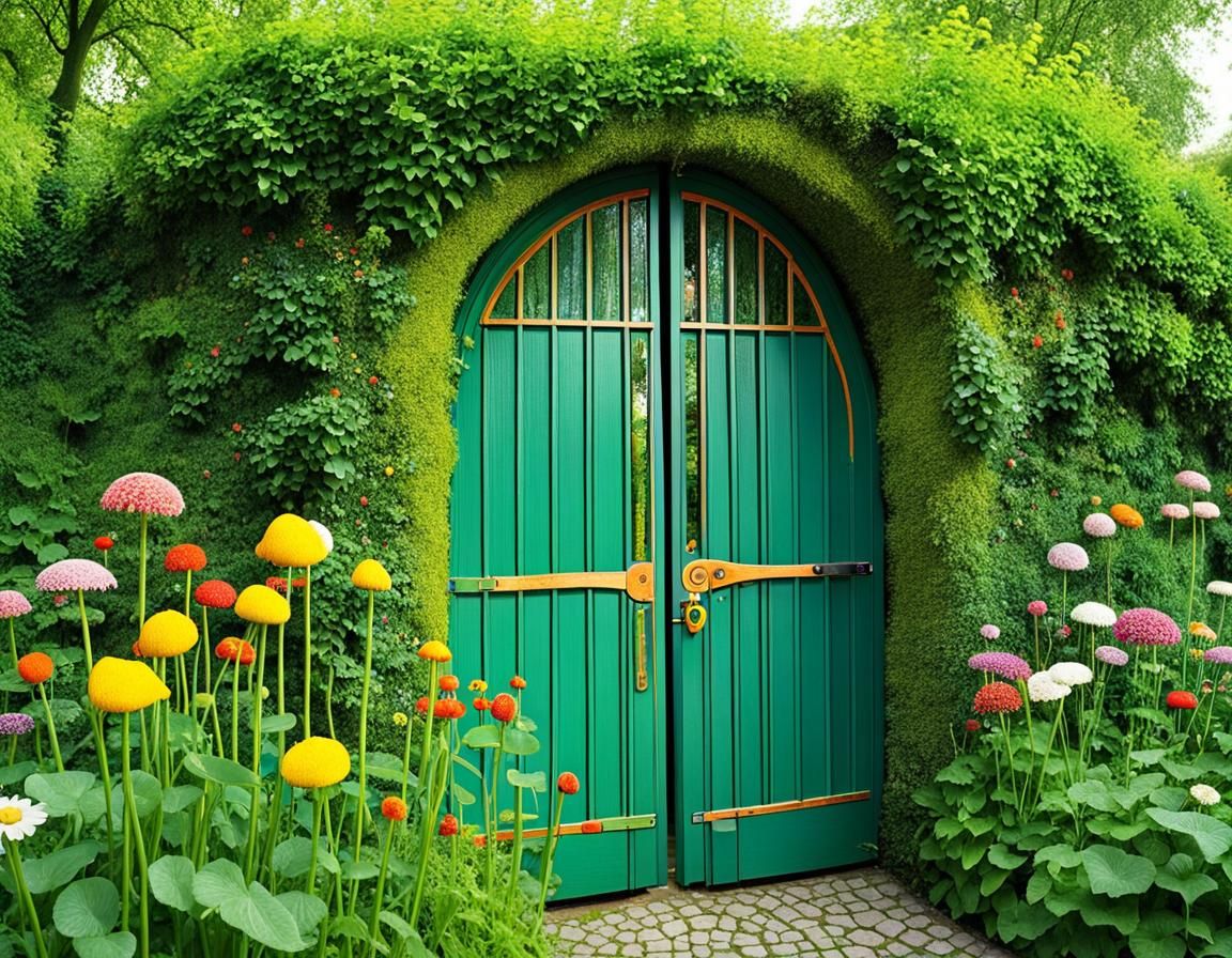 Blooming Garden Through Gate, Art Nouveau Style