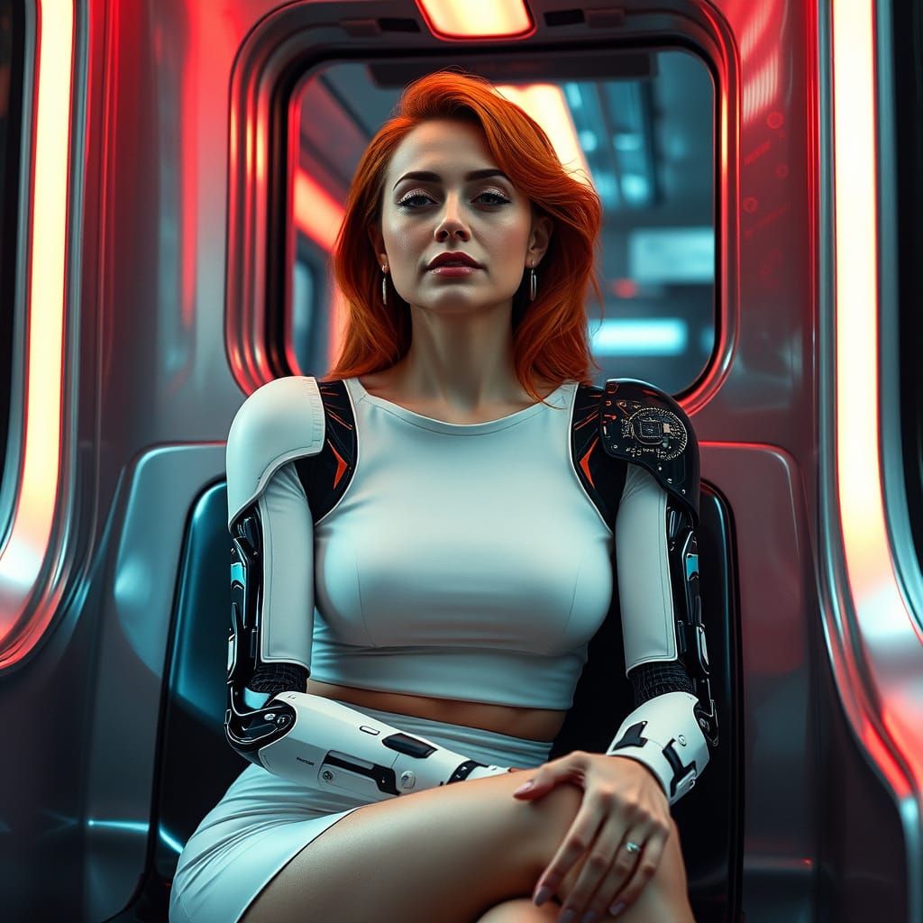 Cyberpunk Robot Woman on Futuristic Train