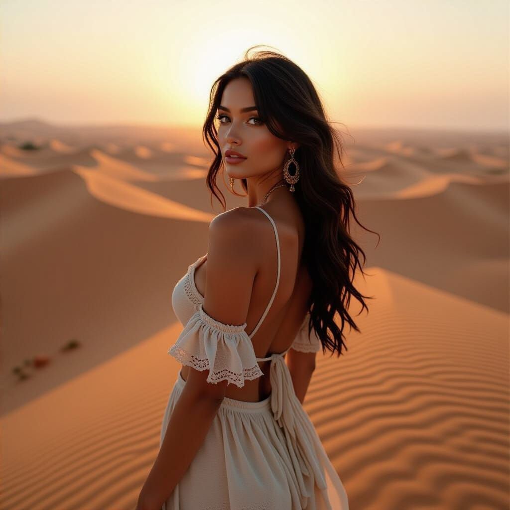 Diosa en Dunas de Arena al Atardecer en Estilo de Arte Conce...