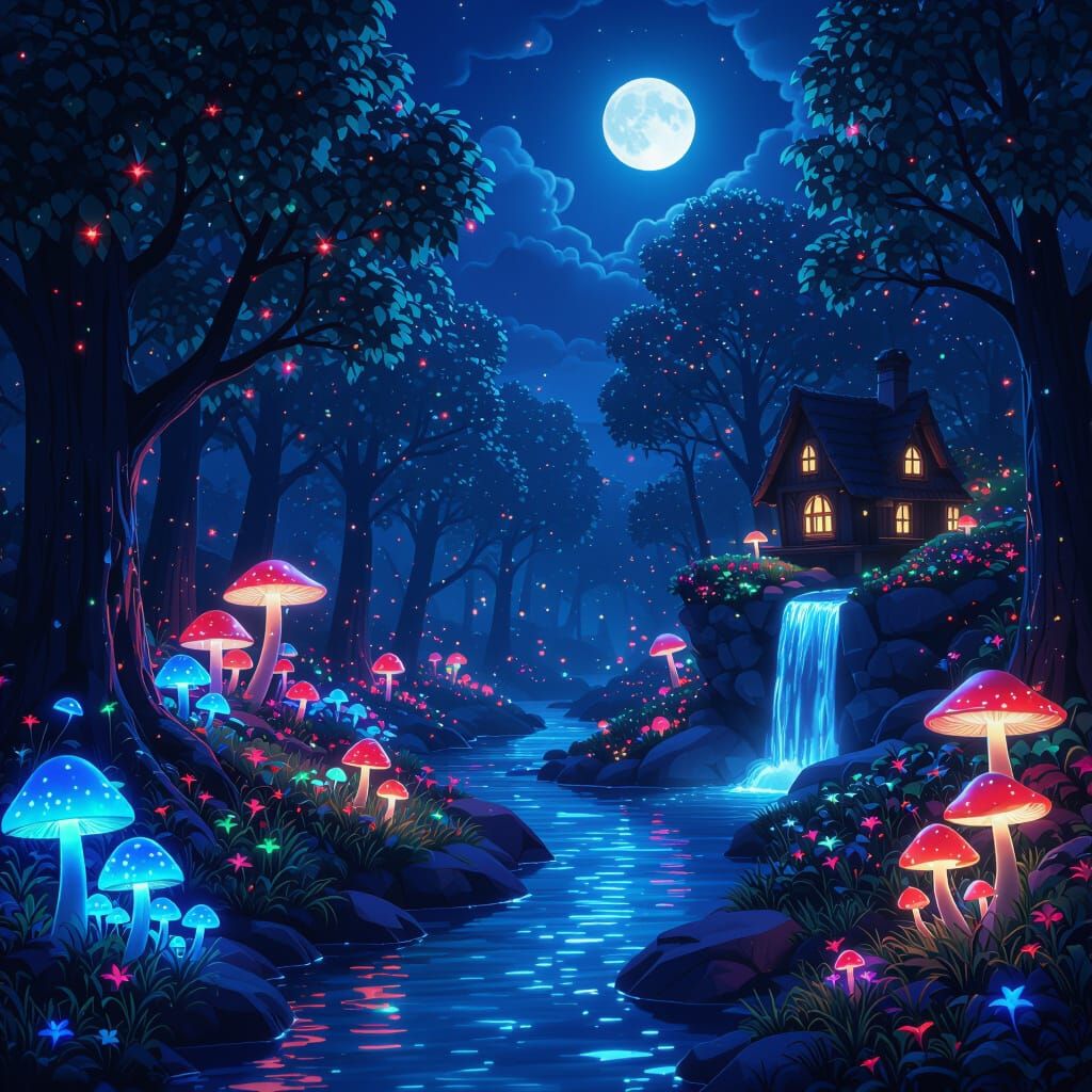 Magical Night Forest with Glowing Flora and Floating House