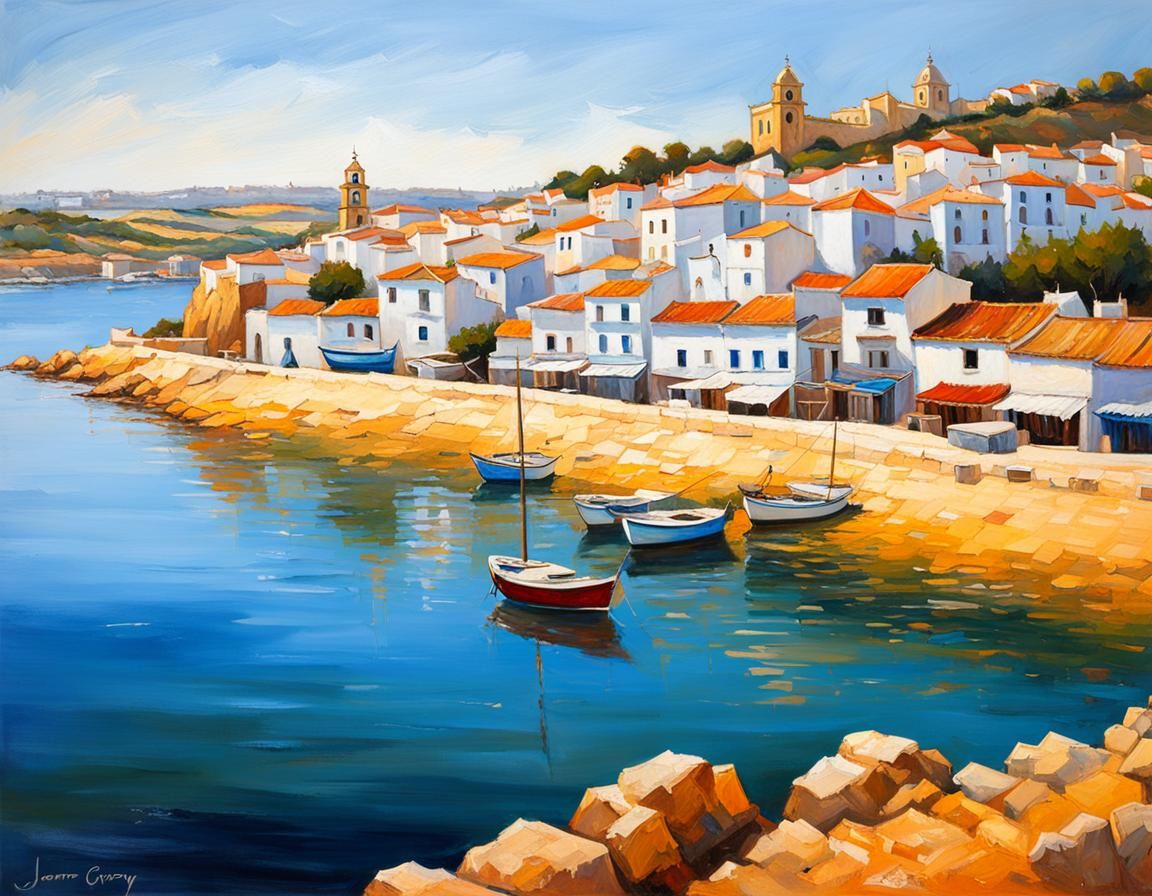 Scenic Portuguese Town of Ferragudo as Oil Painting
