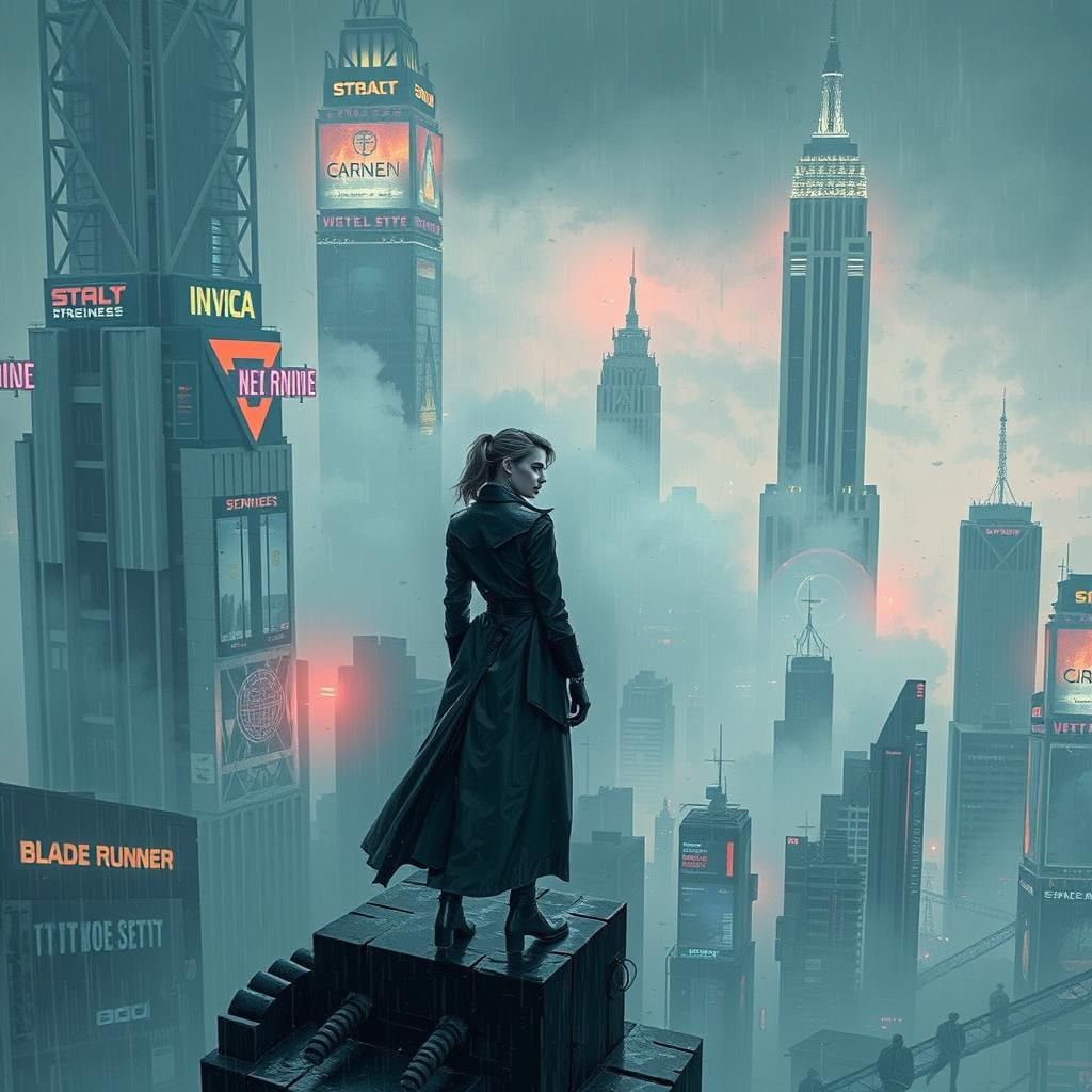 Dystopian Woman in Cyberpunk Cityscape