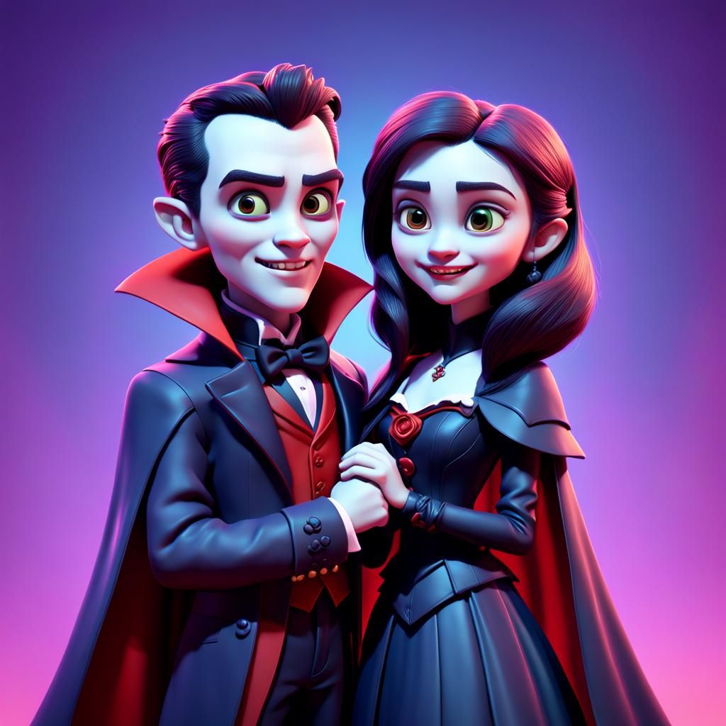 Cute Vampire Couple in Pixar Style