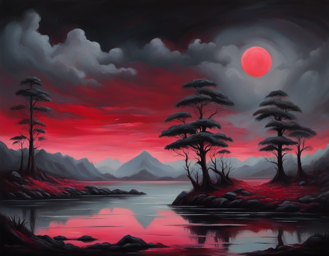 Surreal Marsh Obsidian Ruby Landscape Painting