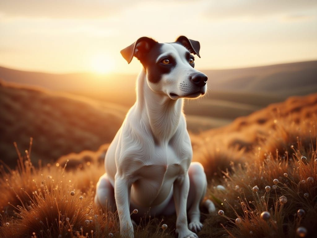 Dramatic Sunrise Portrait of a White Bull Arab Cross with St...
