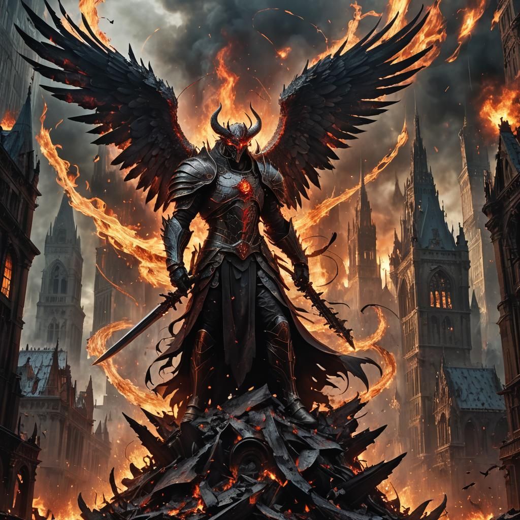 Angel and Demon Clash in Gothic Cityscape