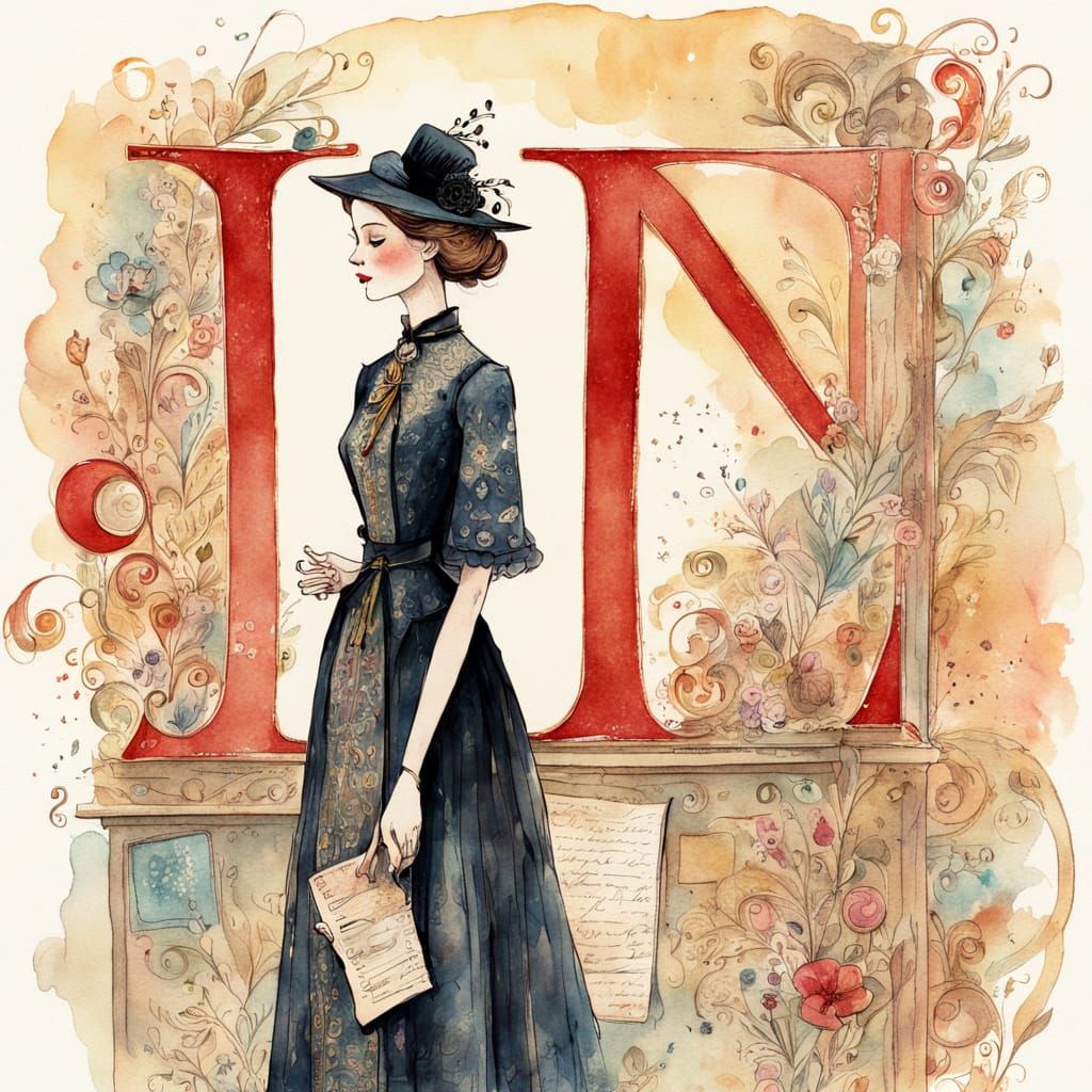 Vintage Whimsy: Woman by Red Letter Post in Soft Focus