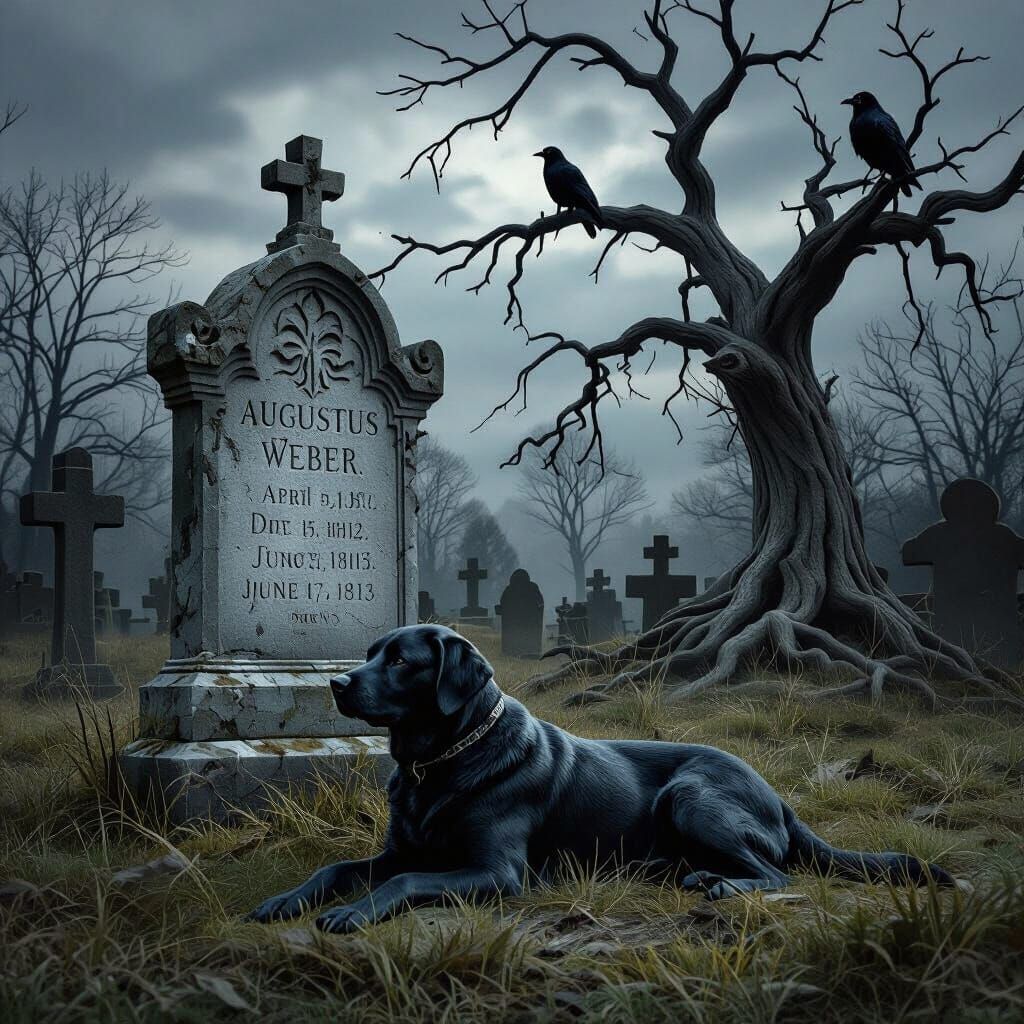 Gothic Cemetery Gravestone With Labrador Sculpture