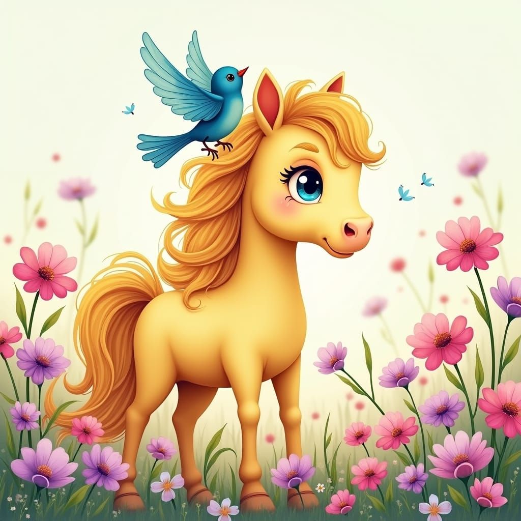 Dreamy Pony in Flower Meadow, Whimsical Digital Art