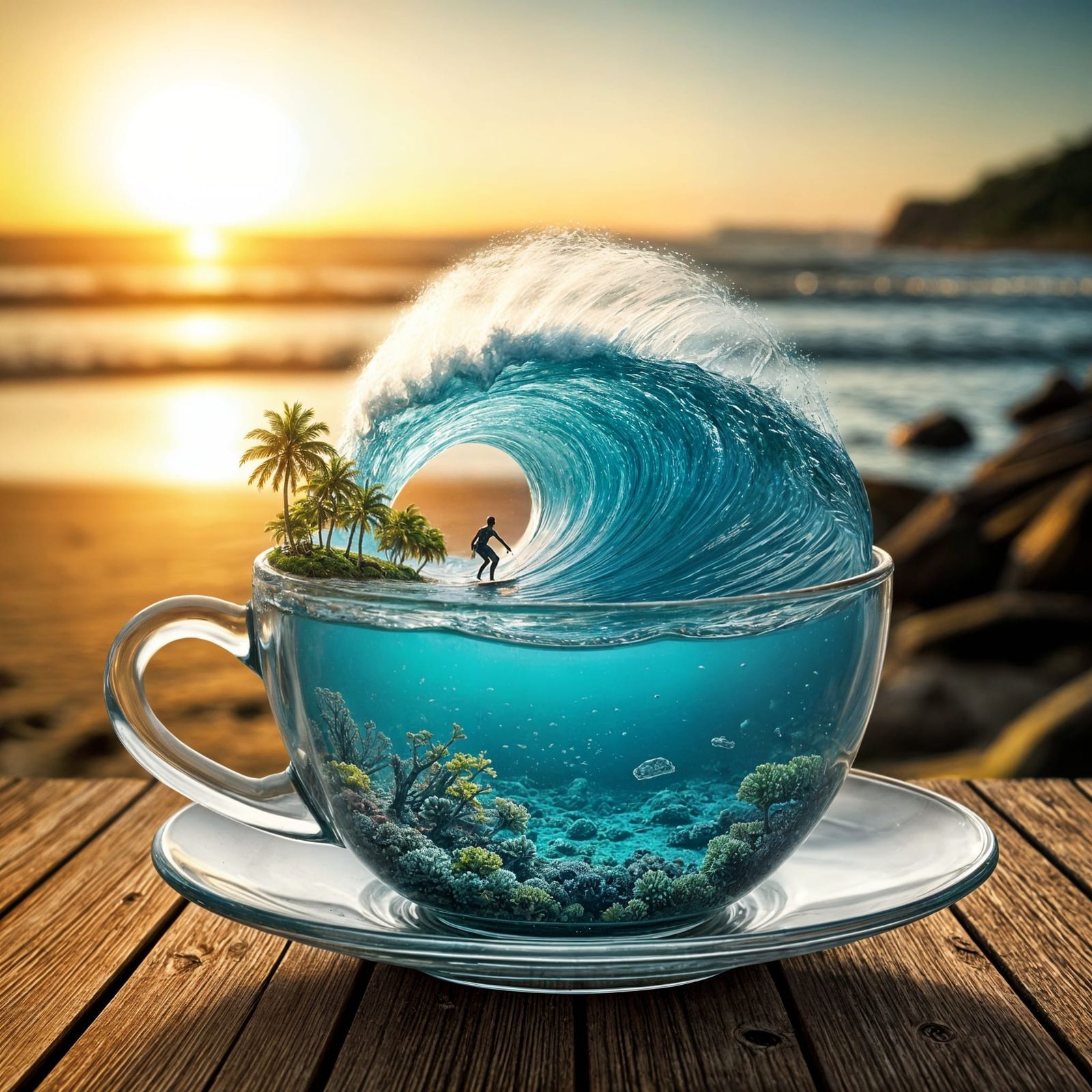 Surreal Teacup Ocean with Surfer