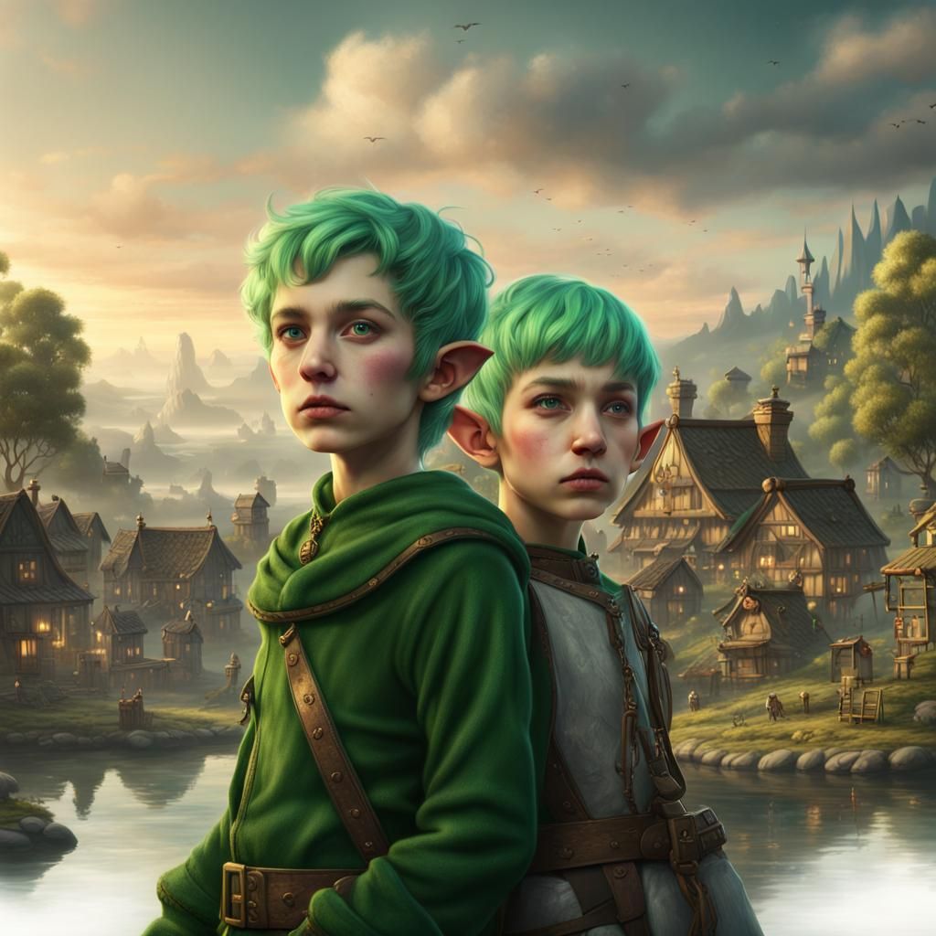 Green-Haired Elf Children in Fantastical Village