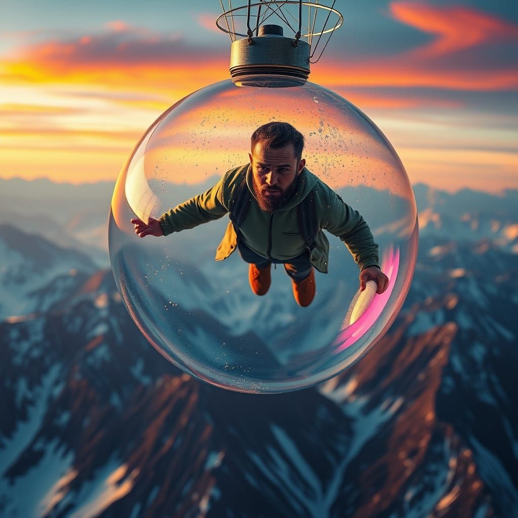 Colorful Hot Air Balloon over Snowy Mountains