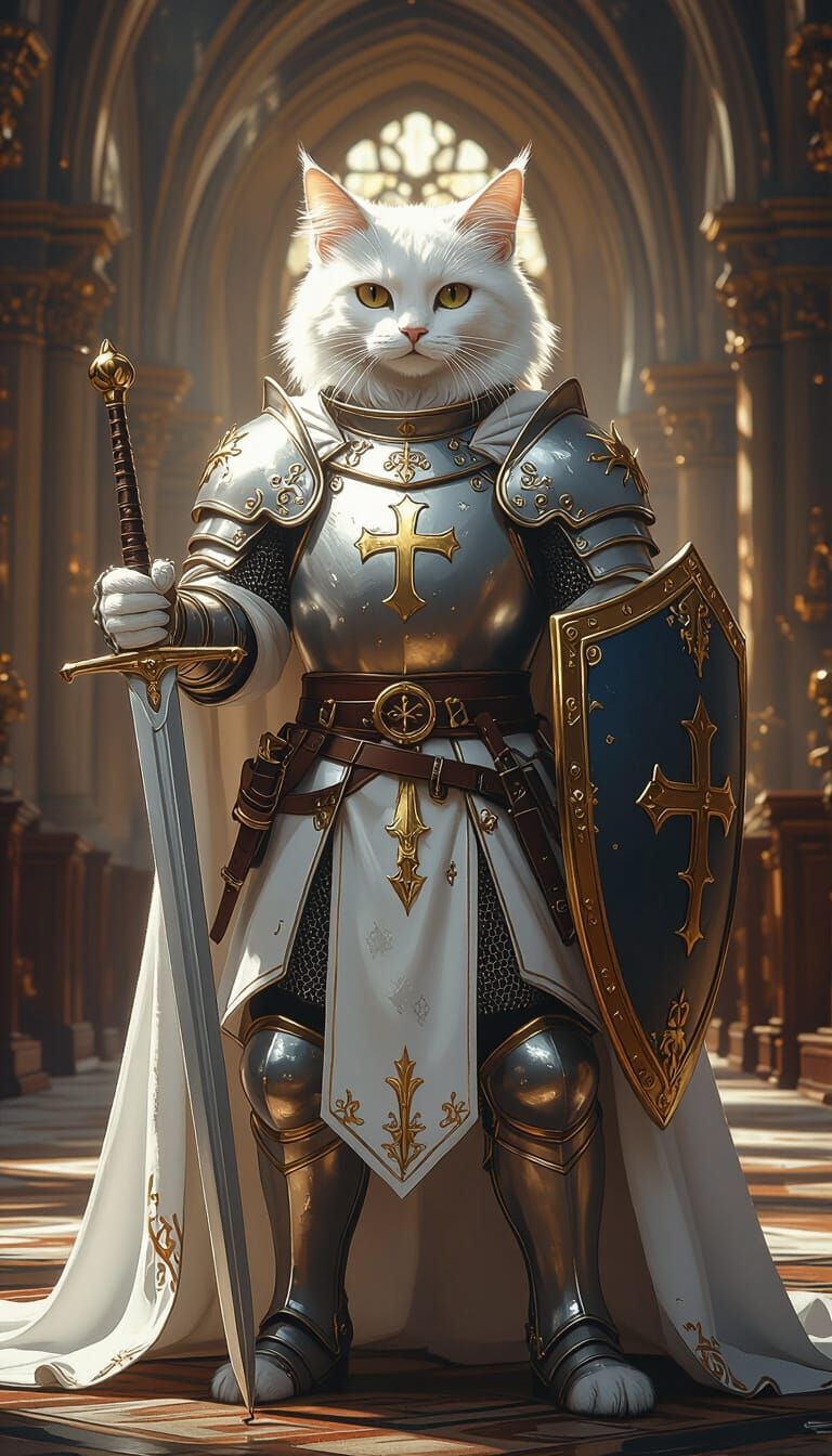 Armored White Cat Knight in Cathedral Hall