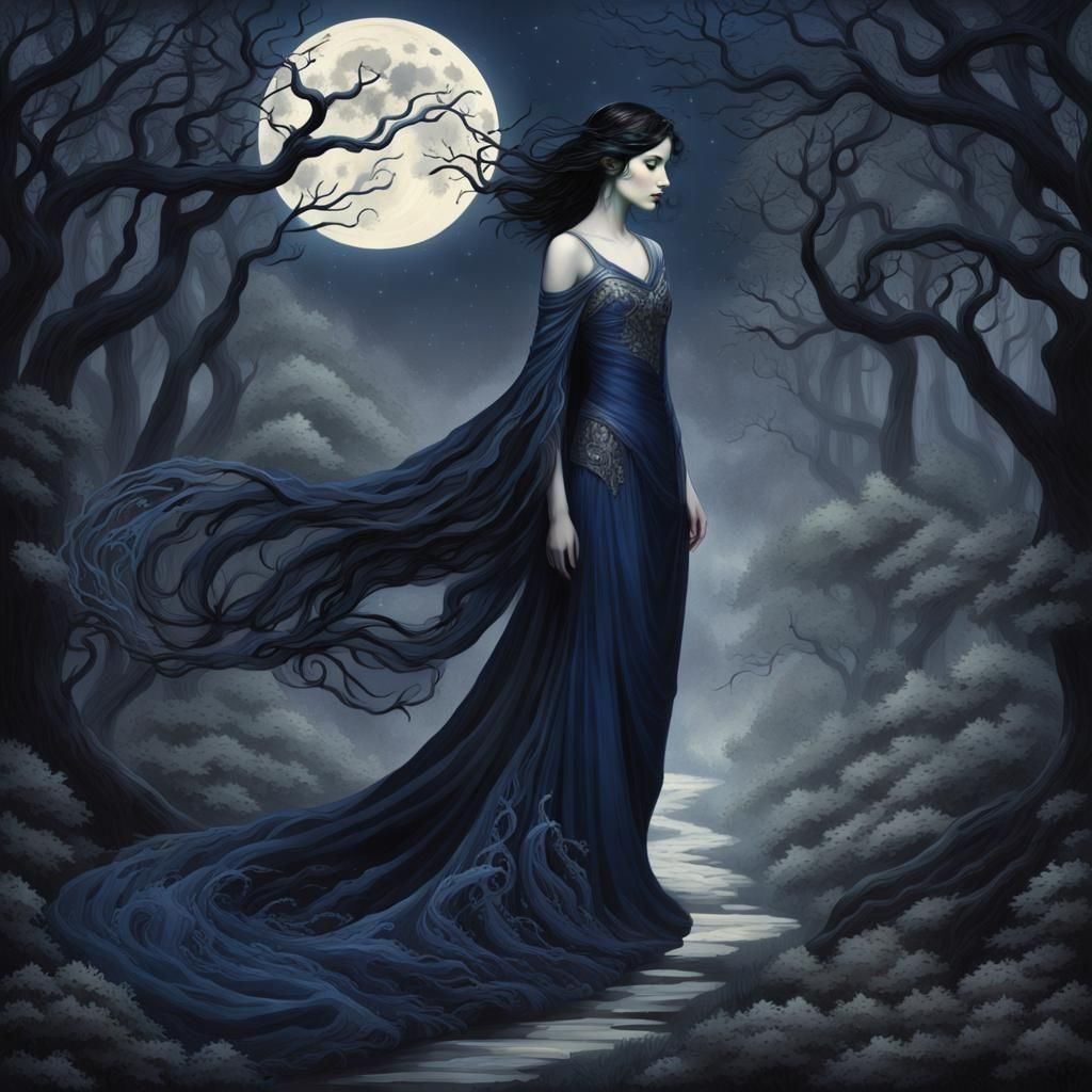Art Nouveau Woman in Moonlit Forest