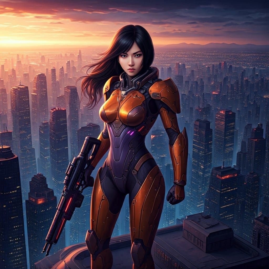 Sleek Anime Warrior Stands Tall in Futuristic Metropolis