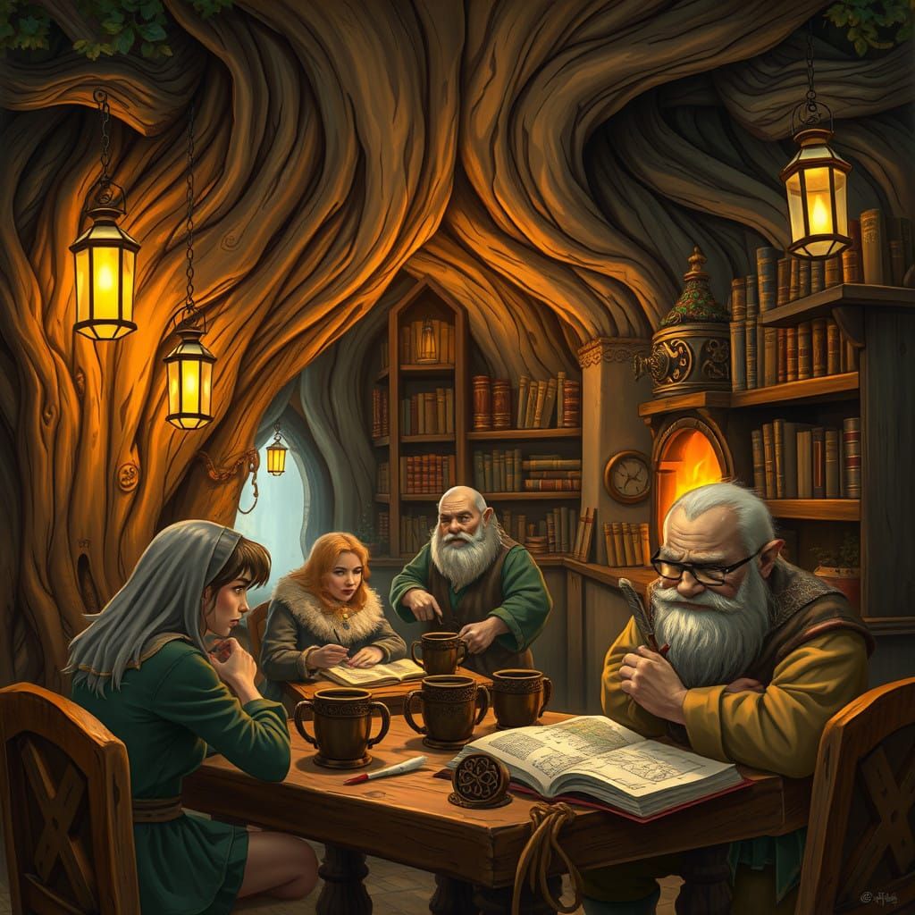 Enchanted Fantasy Village Coffeehouse with Ancient Runes and...