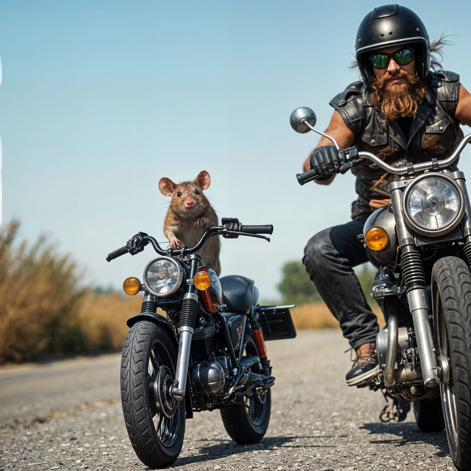 Rat Rides Motorcycle Beside Biker