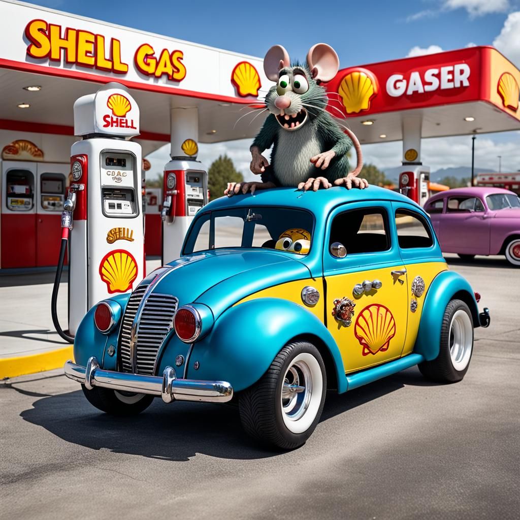 Ratfink at a Shell Station with Gasser Car