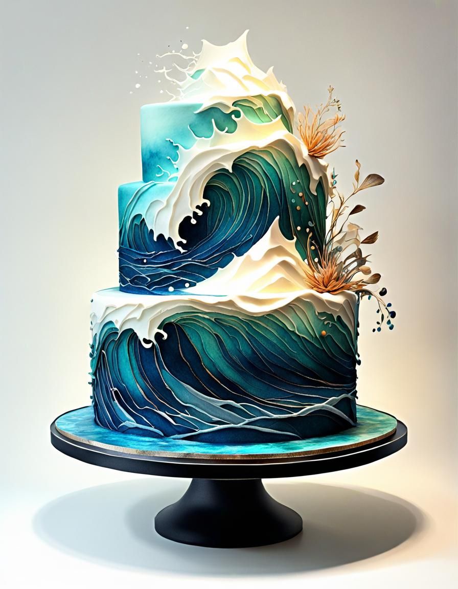 Oceanic Wedding Cake in Digital Watercolor Style