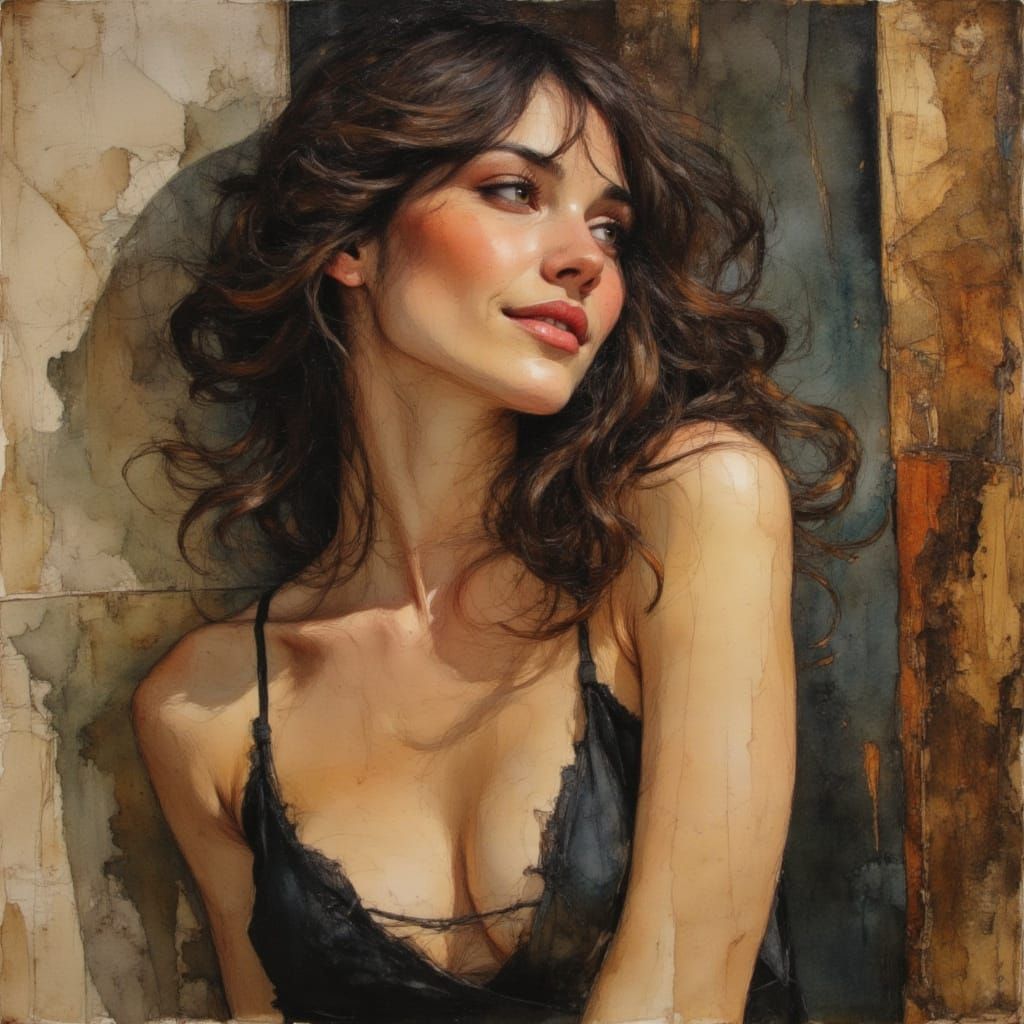 Sensual Woman Overflows Frame in Brushed Oils Style