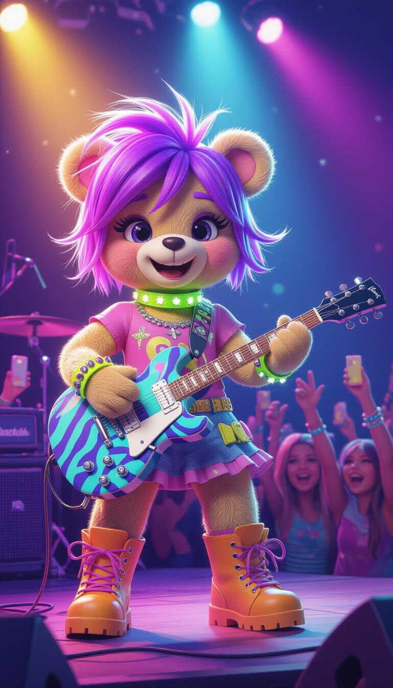 Teddy Bear Rock Star with Rainbow Hair on Concert Stage