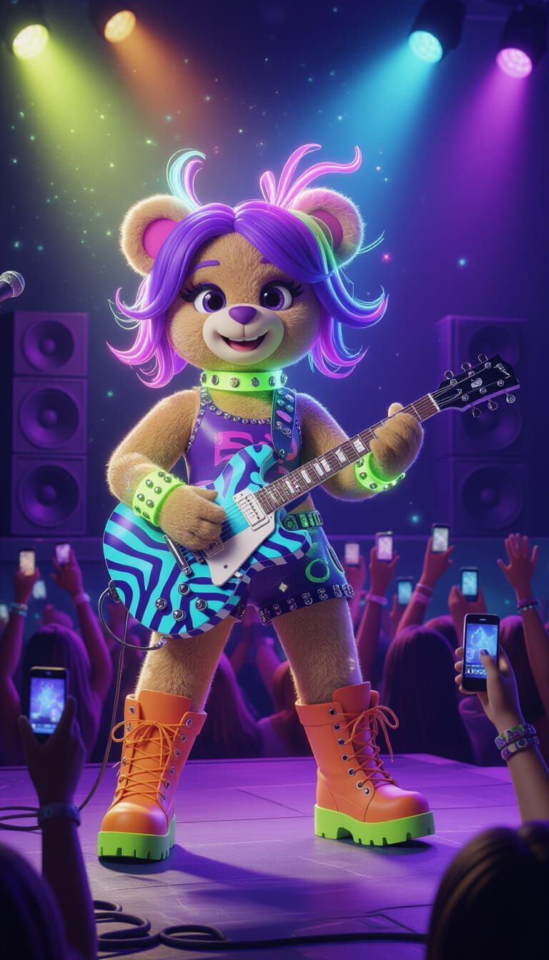 Teddy Bear Rocker in Fluorescent Chalk Art Style