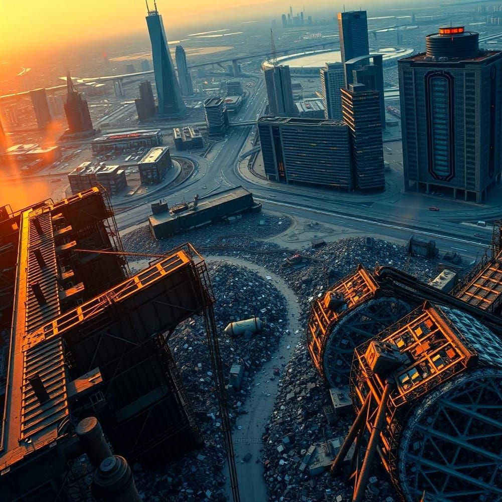 Dystopian Landfill Meets Modern City at Dusk