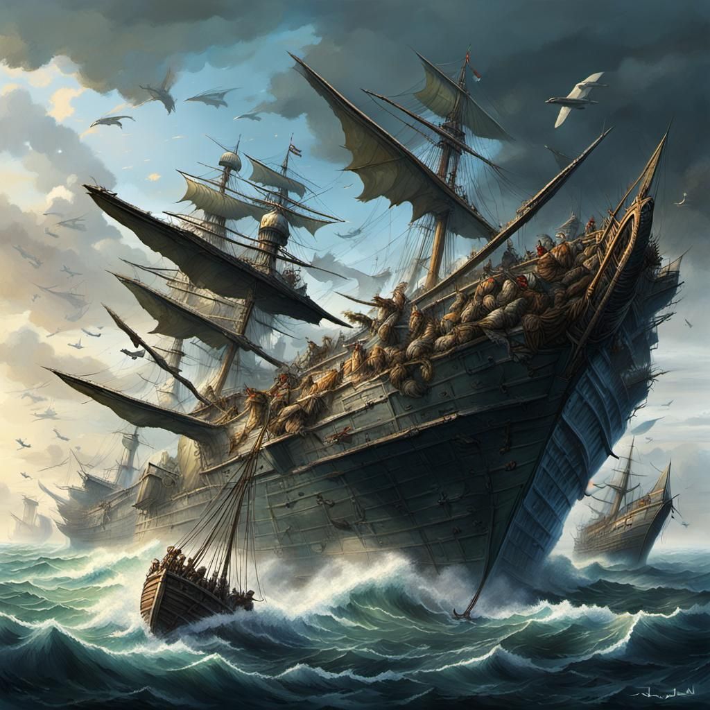 Giant Birds Attack Fleet: 3D Digital Art