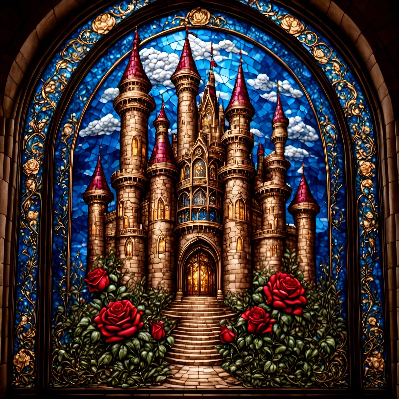 Beauty and the Beast Castle in Stained Glass